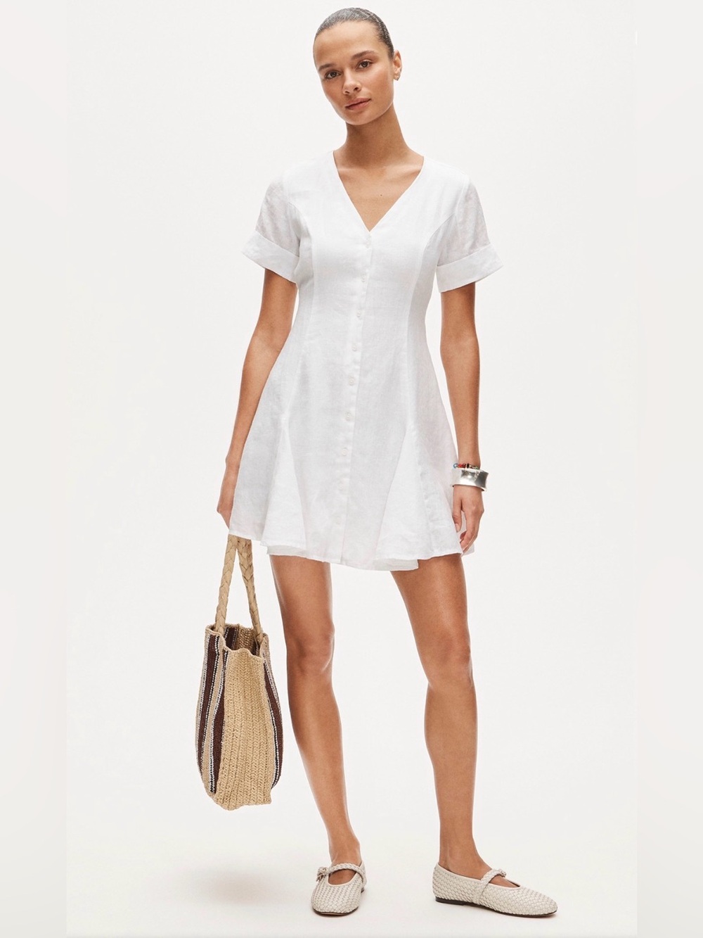 J.Crew Fleur Linen Mini Dress White Button Front Tie Back Size 6